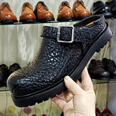 日系复古野牛皮博肯包头拖鞋 男固特异手工缝制真皮休闲鞋 皮根皮底