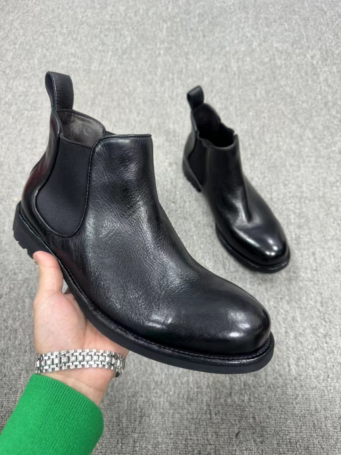 固特异头层牛皮切尔西靴真皮大底手工鞋男真皮短靴英伦套筒男靴