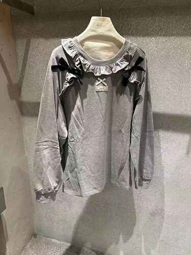 东大门拼色蝴蝶结荷叶边圆领T恤女设计感休闲风宽松百搭长袖TCC