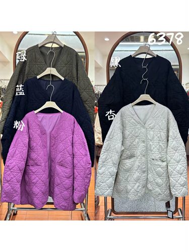 We女6378秋冬韩版宽松大码胖mm慵懒松弛休闲V领菱格复古棉服外套