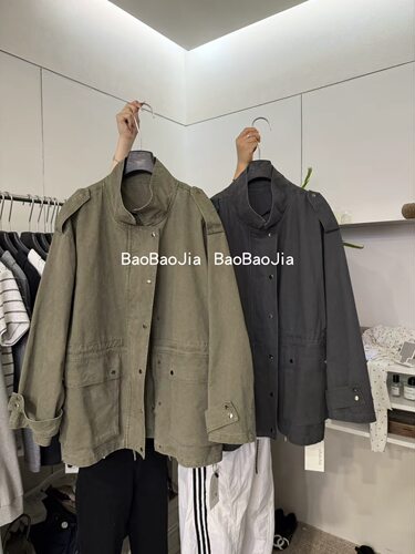 欧货复古做旧水洗立领工装风衣外套女2026早秋中长款夹克上衣