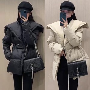 羽绒棉服女2023冬季新款韩系棉袄夹棉加厚大翻领气质收腰棉衣外套