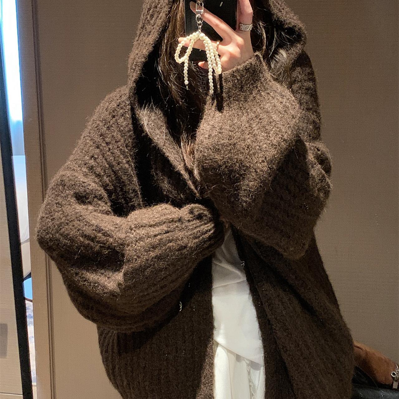 连帽灯笼袖中长款大开衫毛衣
