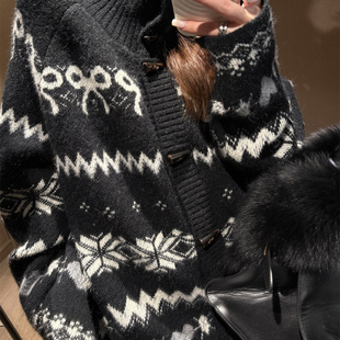 牛角扣费尔岛提花毛衣开衫外套北欧风温暖厚实宽松慵懒百搭黑灰色