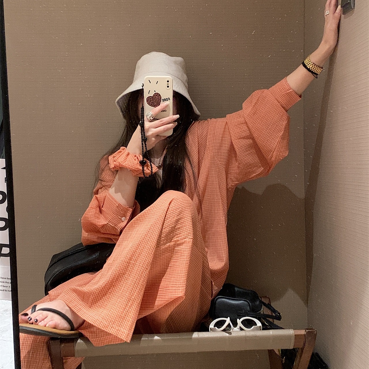 发圈格子衬衫阔腿长裤套装三件套