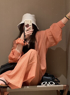 松弛感发圈格子衬衫阔腿长裤套装三件套韩国风宽松慵懒显瘦靓丽橘