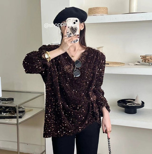 聚会战袍毛绒亮片blingbling毛衣V领上衣韩国风宽松慵懒显瘦黑色