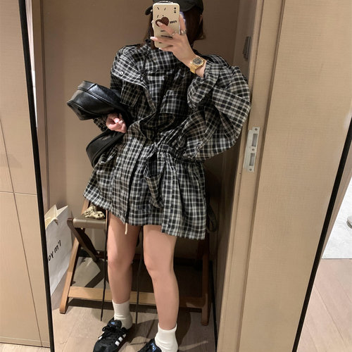 拉满格子宽松开衫风衣短外套