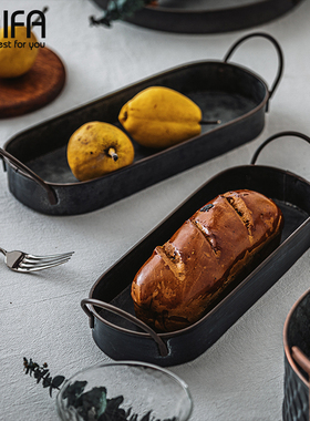 BAIFA 工业风创意长条果盘美式复古做旧铁艺果篓托盘式点心盘茶盘