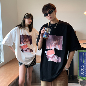 情侣装夏装 美式复古人像印花情侣短袖T恤衫宽松上衣 H740P30男类图片