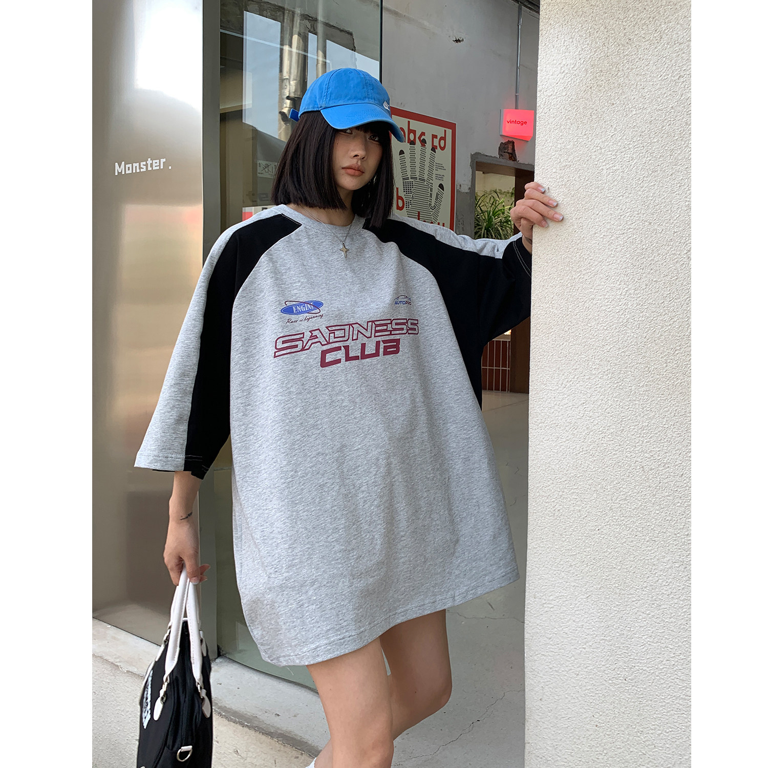 中性潮插肩袖撞色赛车服情侣短袖T恤印花上衣男H834P38,男装T恤,电商A341