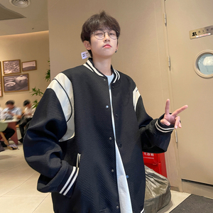 主推港风 小香风棒球服撞色拼接PU皮外套复古夹克男H873 P108图片