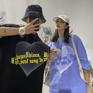 主推oversize 情侣装夏装 网格爱心情侣短袖中性T恤H627 P30 女类图片