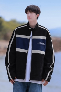 2023美式复古立领机车服拼接鹿皮绒夹克外套上衣男H889 P108图片