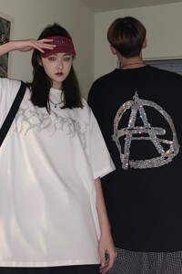 情侣装夏装高街烫钻闪亮和平字母宽松情侣短袖T恤大码H716P38女类图片