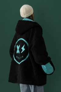 中性风 羊羔毛绣花撞色情侣棉衣外套oversize棉服 H576 P128 男类图片