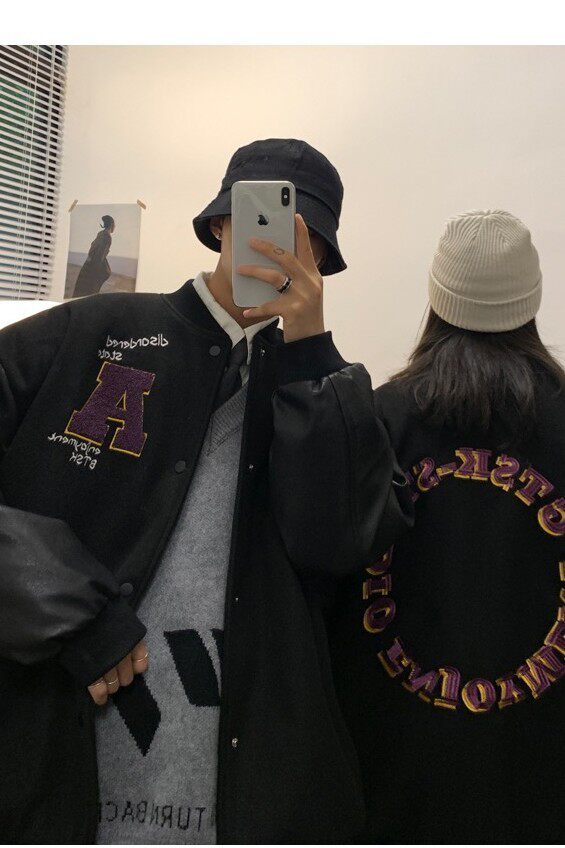 情侣装秋装毛呢拼接PU皮棒球服情侣夹克外套H572P118男类,男装夹克,电商A341