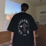 主推情侣装夏装十字架烫钻高街宽松情侣短袖T恤大码H742P38女类，男装T恤，电商A341