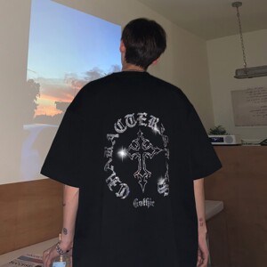 主推情侣装夏装 十字架烫钻高街宽松情侣短袖T恤大码H742 P38女类图片