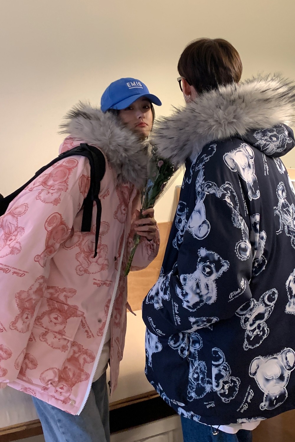 情侣装冬装手绘熊大毛领加厚情侣棉衣面包服H698P138控178女类,女装棉衣/棉服,电商A341