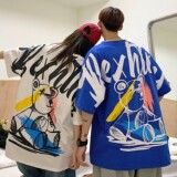 2022情侣装夏装卡通涂鸦熊情侣短袖大码上衣半袖H718P38女类，男装T恤，电商A341