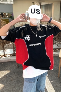 重磅美式高街宽松机车服撞色情侣短袖T恤印花半袖男 H854 P48图片