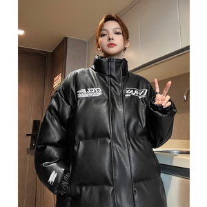 中性风冬装美式印花机车皮棉服PU情侣棉衣面包服外套男女H909P128图片