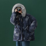 中性風(fēng)冬裝涂鴉熊大毛領(lǐng)加厚情侶棉衣oversize外套H577P138女類，女裝羽絨服，電商A341