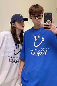2022情侣装夏装 笑脸印花字母情侣短袖T恤宽松体恤 H714 P30 女类图片