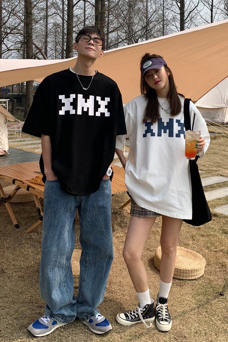 22情侣装夏装像素字母印花情侣T恤衫圆领大码上衣H721P30女类,男装T恤,电商A341