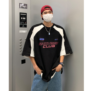 2023潮街头插肩袖撞色赛车服情侣短袖T恤印花上衣男 H834 P38图片