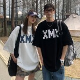 22港风夏装像素字母印花情侣T恤衫圆领大码上衣H721P30女类，男装T恤，电商A341