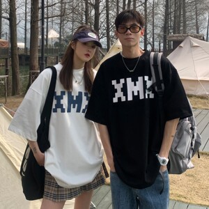 22港风夏装 像素字母印花情侣T恤衫圆领大码上衣 H721 P30女类图片