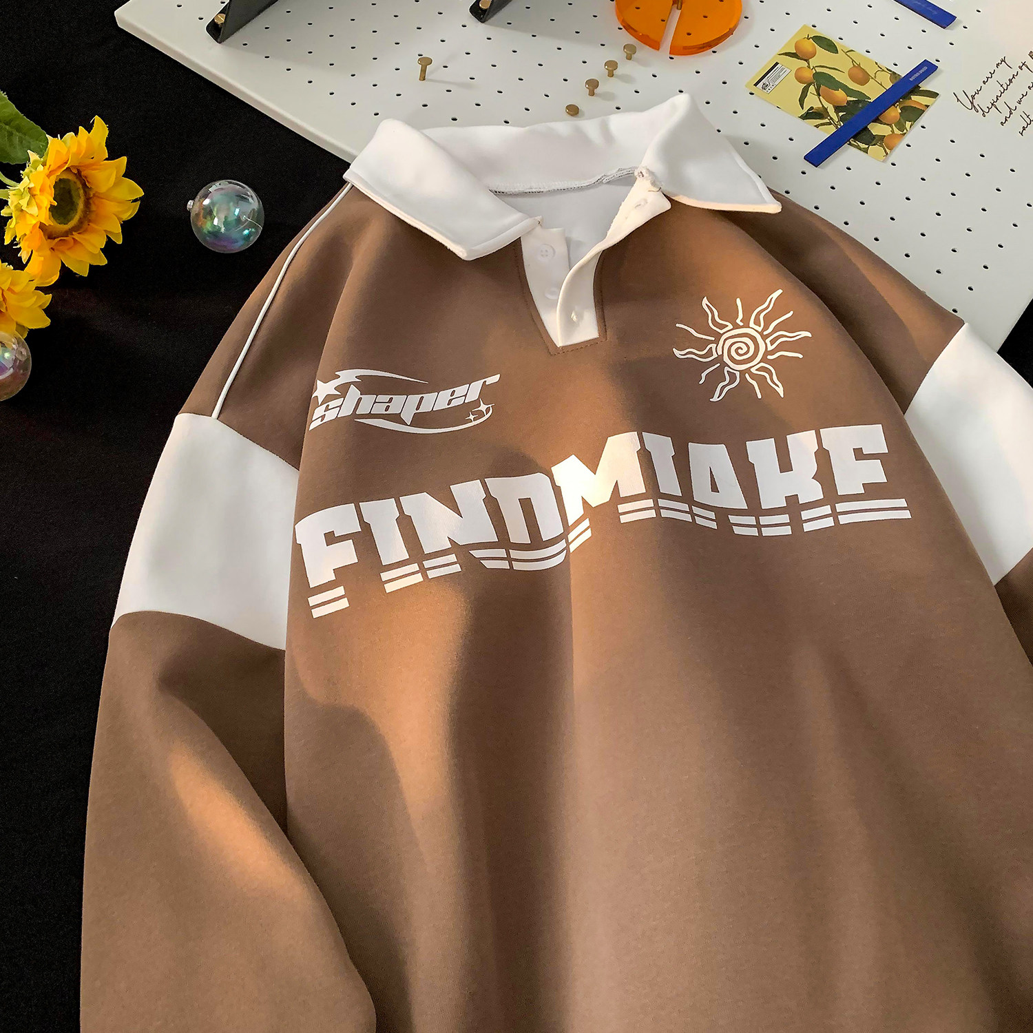 港风摆拍秋装polo领运动风印花卫衣撞色上衣外套男女H807P68,男装卫衣,电商A341