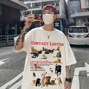 直播有280克 重磅美式猫狗趣事印花短袖T恤半袖衫男 H843 P28图片