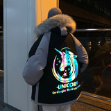 情侣装冬装拼色反光独角兽大毛领连帽情侣棉衣H596P148男类，男装棉衣，电商A341