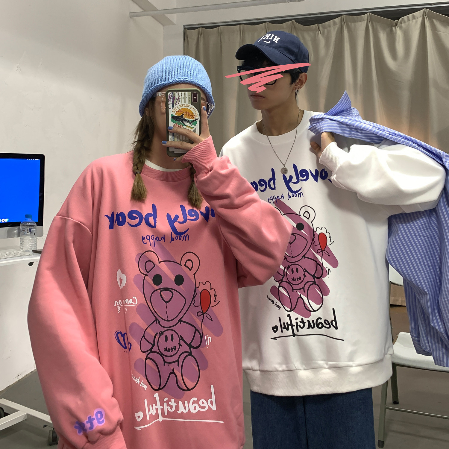 2021情侣装秋装涂鸦熊印花圆领情侣卫衣外套H556P38女类，女装卫衣/绒衫，电商A341