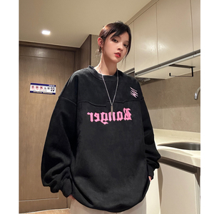中性风美式秋装鹿皮绒加厚加绒情侣卫衣结构上衣外套男女H899P68,冬季男学生黑色面包服搭配图片
