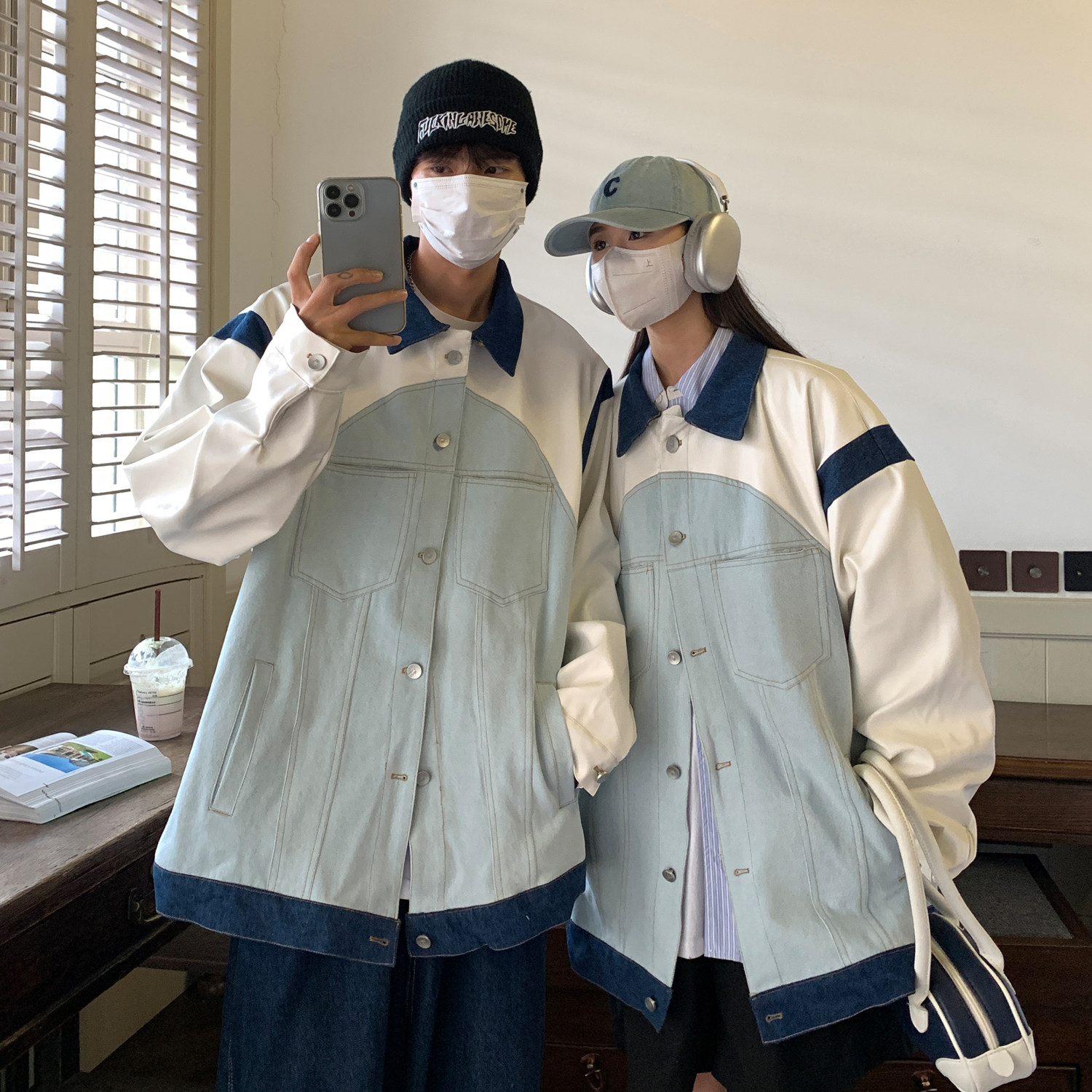情侣装秋装设计高级小众牛仔外套拼接皮情侣夹克H755P108男,男装夹克,电商A341