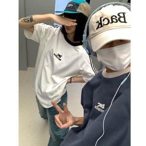 主推 情侣装 复古织带运动型情侣短袖T恤衫插肩袖体恤H825 P38男图片