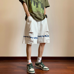 高街水洗牛仔短裤夏季薄款破洞五分裤男宽松潮牌 KH112 P48 控68图片