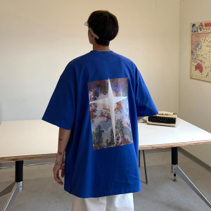 港风新品 油画印花十字架情侣短袖T恤潮牌宽松 H739 P30男类图片