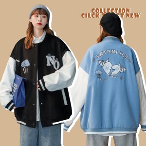 主推 中性毛呢拼接PU皮棒球服毛巾绣情侣夹克棉衣H678 P118男类图片
