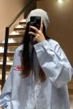 中性秋装美式ins宽松情侣浅蓝色条纹刺绣衬衫外套男女H874P58，男装衬衫，电商A341