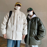 港风冬装美式立领情侣宽松棉服加厚pu皮棉衣外套男H912P128，男装棉衣，电商A341