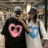 港风潮流纯棉短袖卡通爱心宽松圆领情侣t恤H626P30男类，男装T恤，电商A341