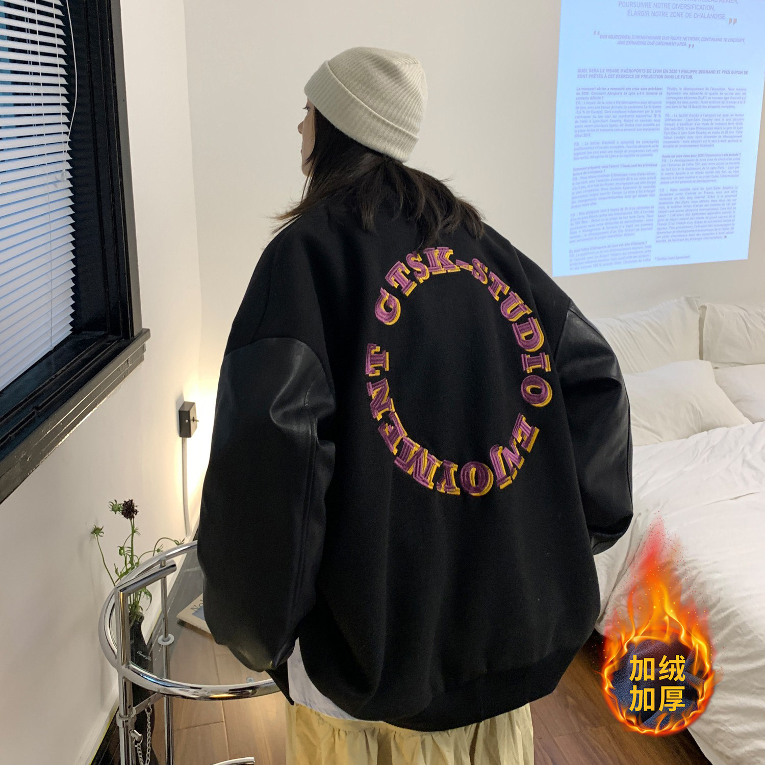 港风毛呢拼接PU皮棒球服夹克情侣棉衣加厚外套H572-1P125男类,男装棉衣,电商A341