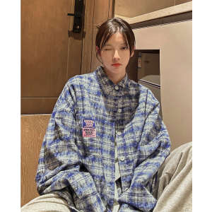 中性风 秋装美式宽松长袖格子情侣衬衫小香风扎染外套男女H861P58图片