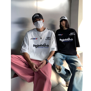 情侣装 高街赛车服织带情侣印花短袖T恤衫宽松运动服男女H829P38图片
