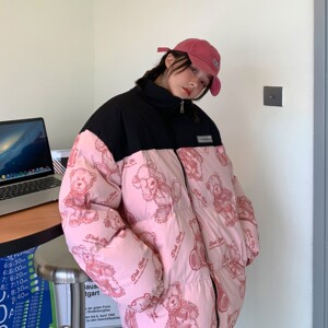 主推 中性冬装 涂鸦熊卡通拼接情侣衣加厚外套 H691 P128男类图片